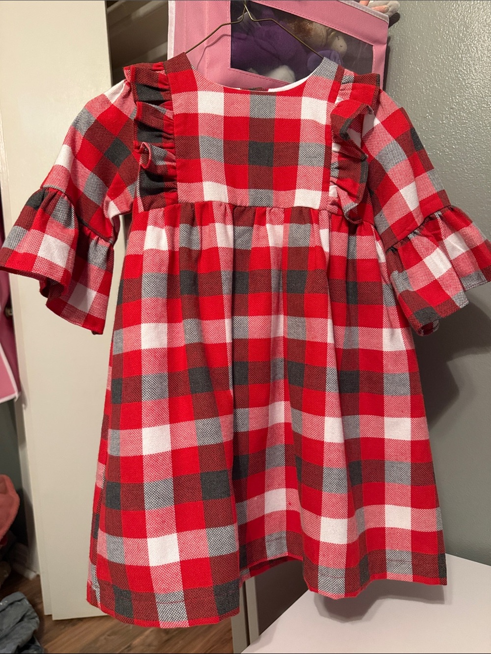 Girls Red Plaid Ruffle-Trim Casual Dress